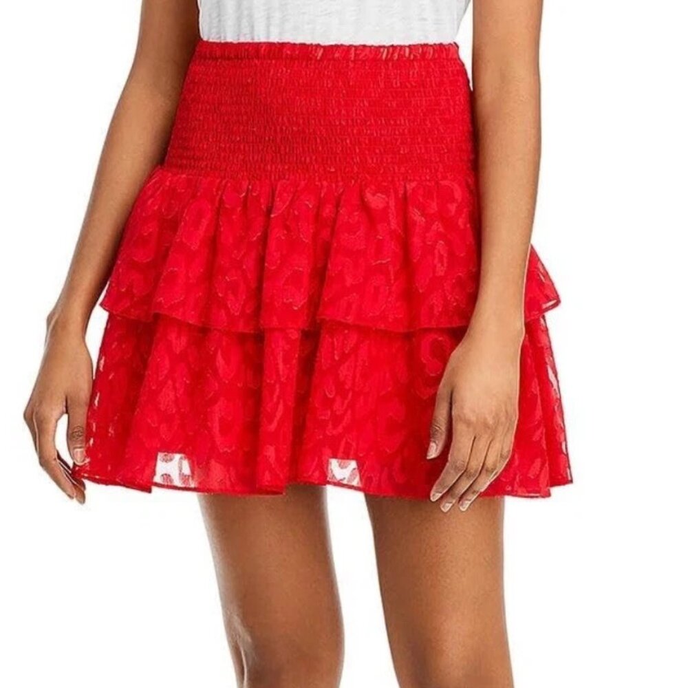 Milly Women's Red Skirt Wyatt Leopard Dot Mini Smocked Ruffle Flare Size 2 NWT